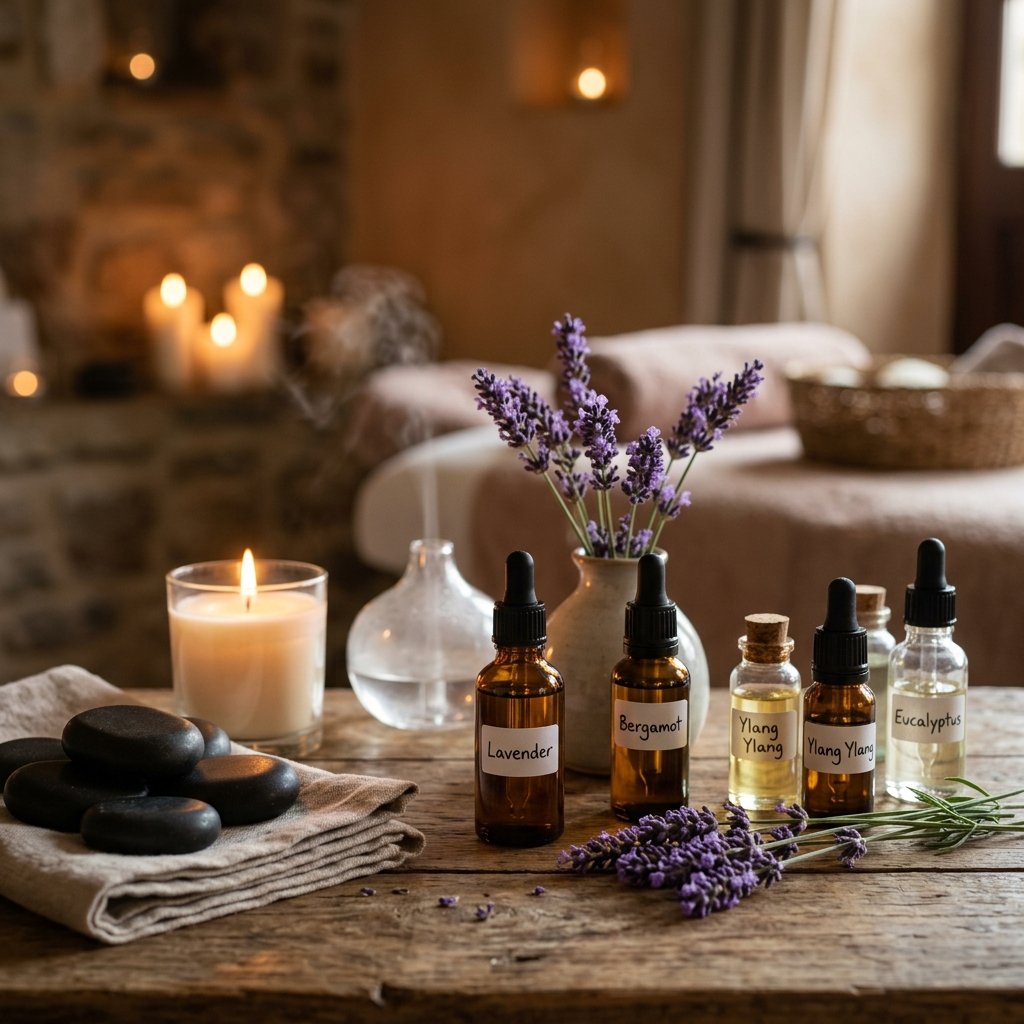 Aromatherapy botanical oils and herbs setup